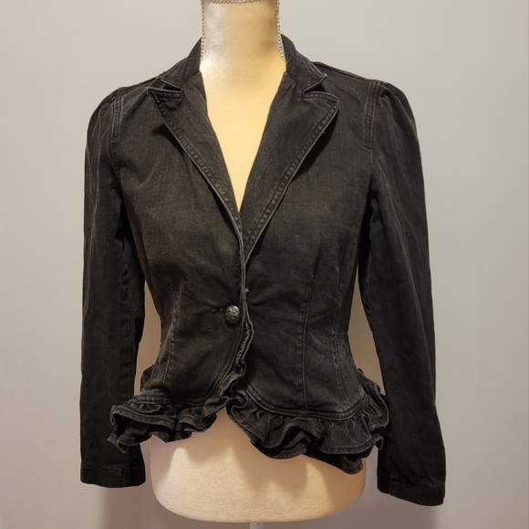 Lauren Ralph Lauren Jackets & Blazers - Ralph Lauren Women Sz 4 Black Denim Blazer Jacket Ruffles distressed LRL T37